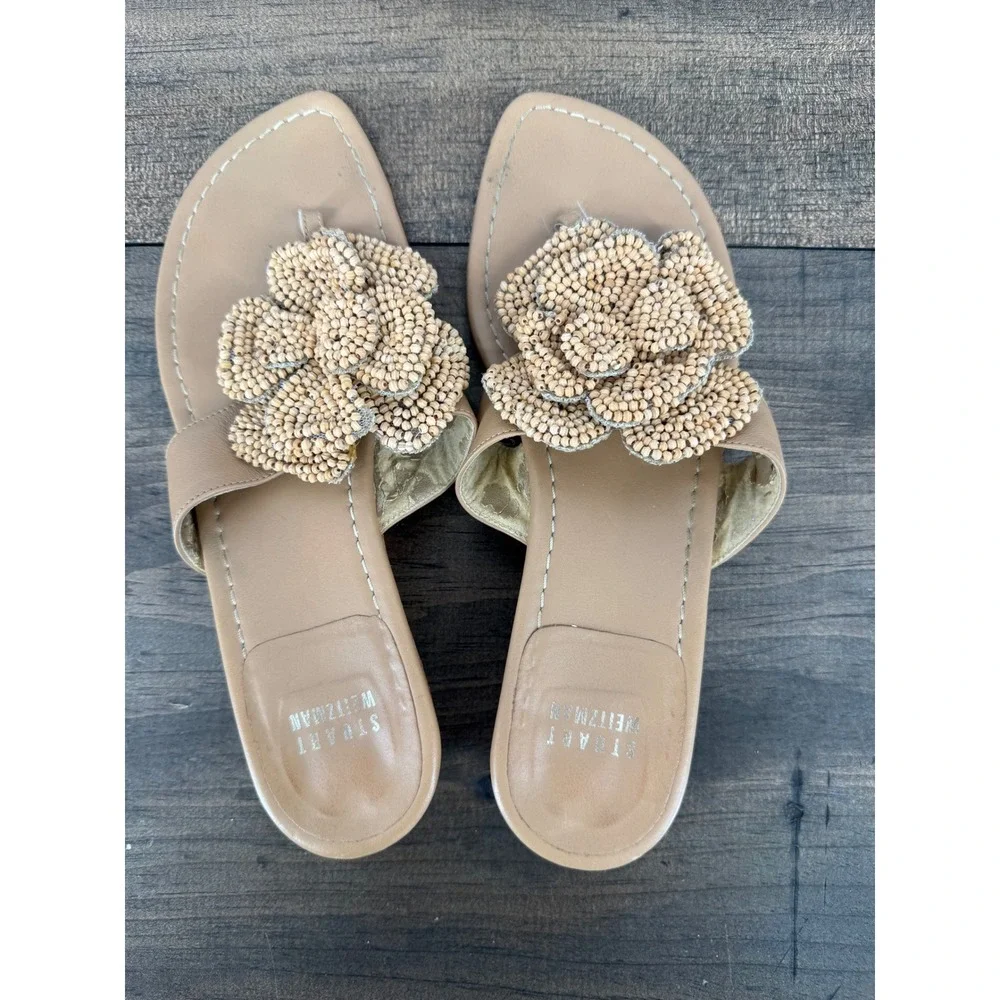 Stuart Weitzman Beaded Flower Thong Wedge Sandals Tan Leather Size 6M